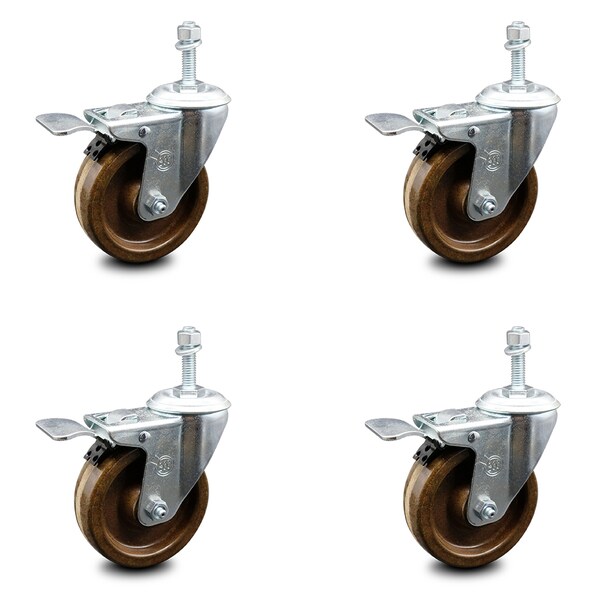 4 Inch High Temp Phenolic Swivel 10mm Stem Caster Set with Total Lock Brake